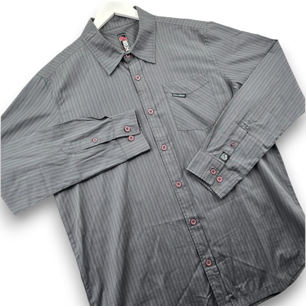 Metal Mulisha Mens Shirt Large Grey Pinstripe Long Sleeve Button Down Cotton L